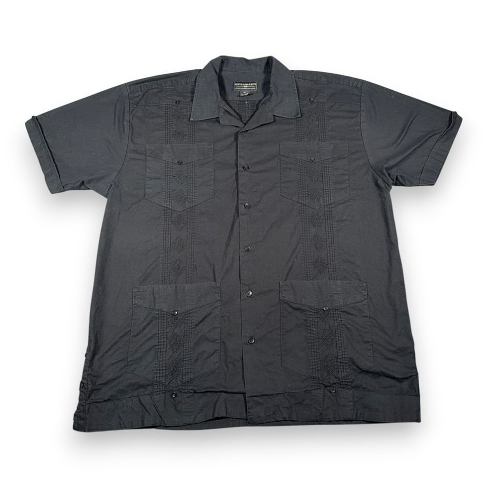 Vintage Steve Barrys Shirt Adult 2XL XXL Black Guayabera Camp Resort Cuban Y2K